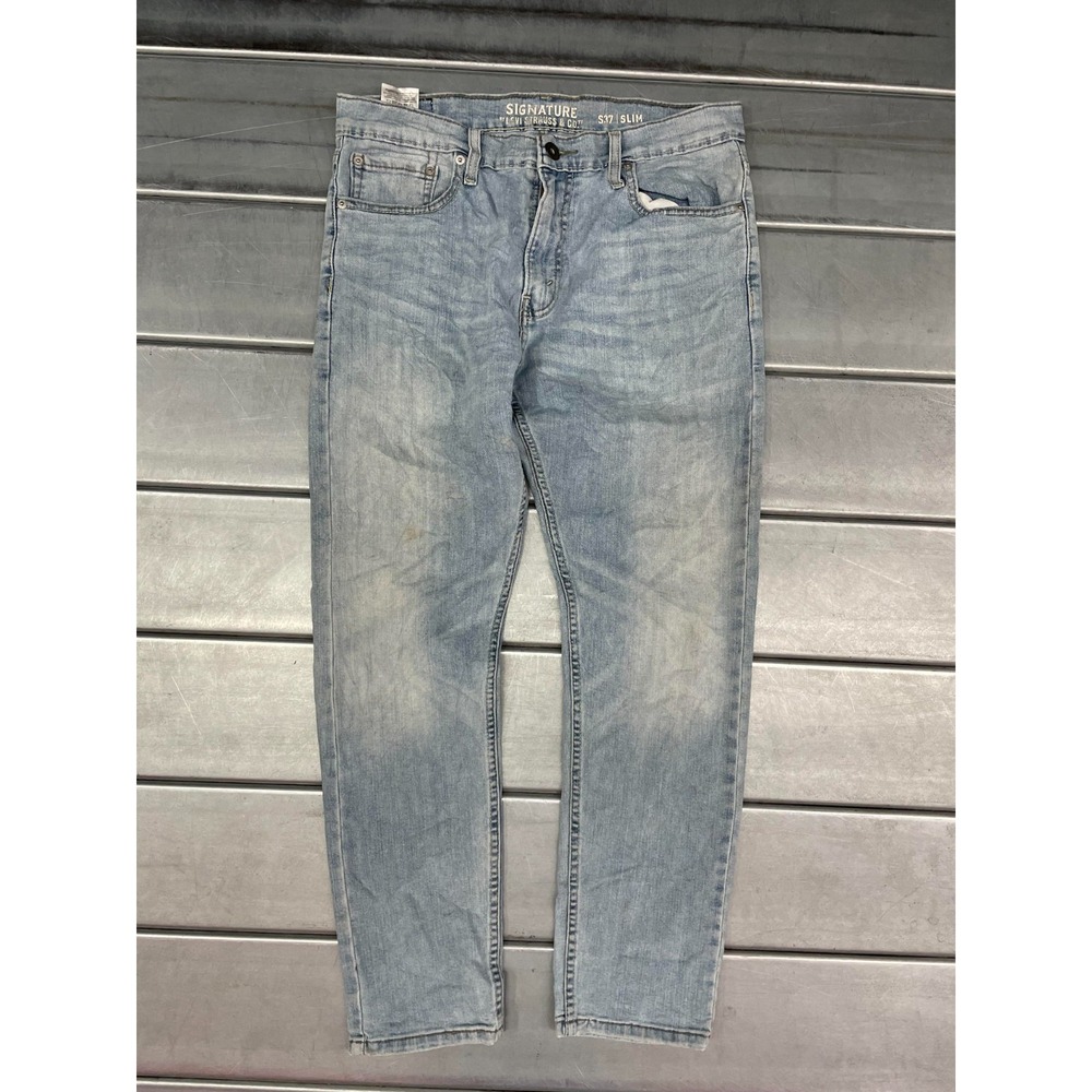 Signature Levis S37 Mens 32X29 Blue Light Wash‎ Denim Slim Straight Fit Stretch